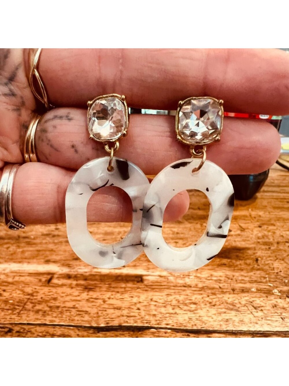 Acrylic & Crystal Dangle Earrings With Gold-Tone Accents - Marbled White & Black